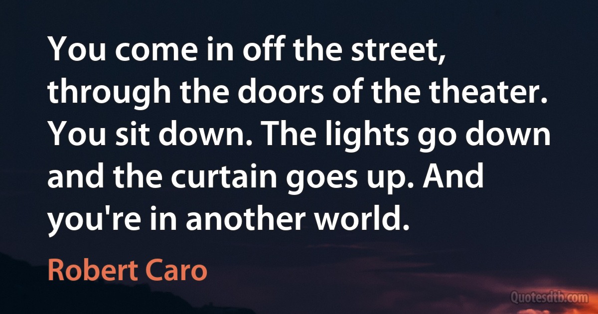 You come in off the street, through the doors of the theater. You sit down. The lights go down and the curtain goes up. And you're in another world. (Robert Caro)