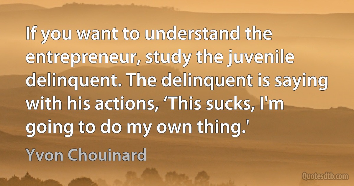 If you want to understand the entrepreneur, study the juvenile delinquent. The delinquent is saying with his actions, ‘This sucks, I'm going to do my own thing.' (Yvon Chouinard)