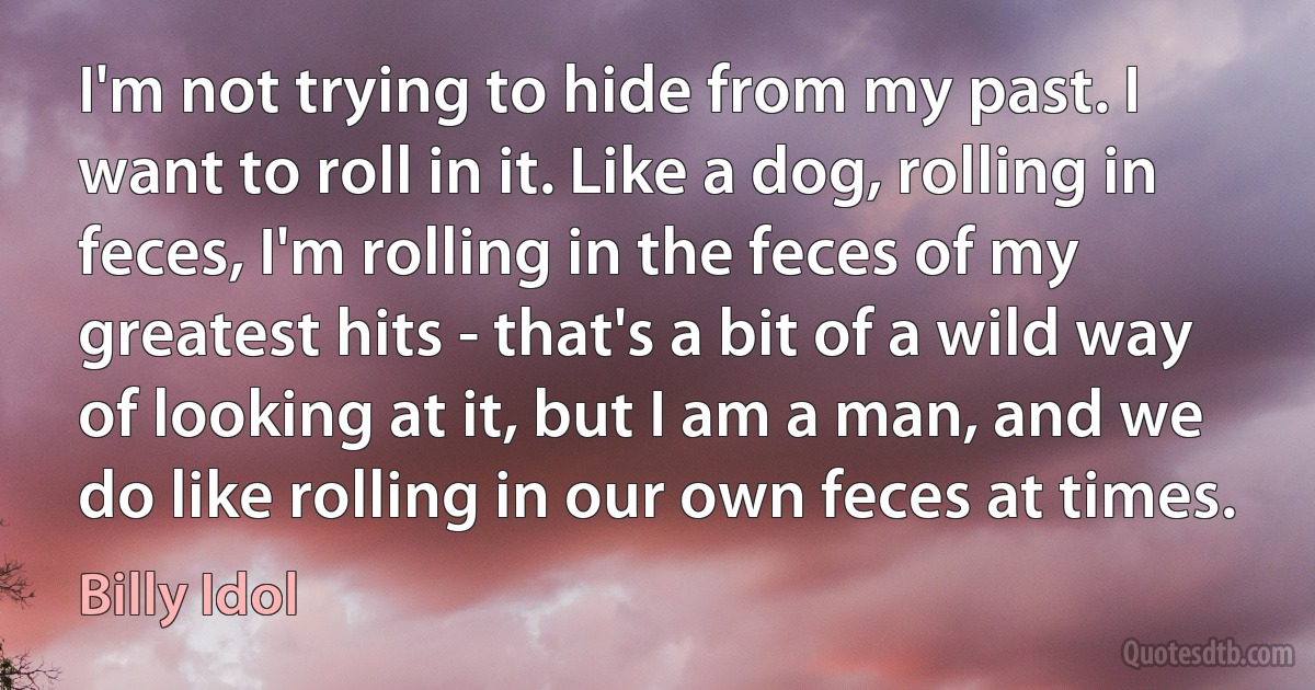 I'm not trying to hide from my past. I want to roll in it. Like a dog, rolling in feces, I'm rolling in the feces of my greatest hits - that's a bit of a wild way of looking at it, but I am a man, and we do like rolling in our own feces at times. (Billy Idol)