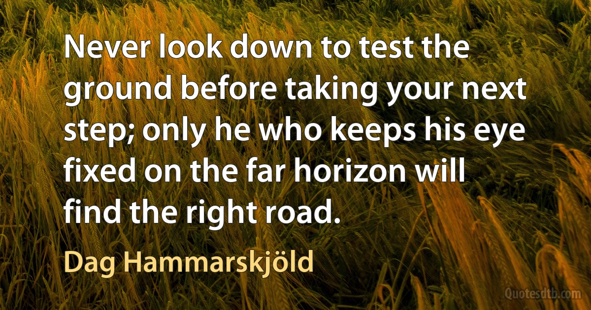 Never look down to test the ground before taking your next step; only he who keeps his eye fixed on the far horizon will find the right road. (Dag Hammarskjöld)