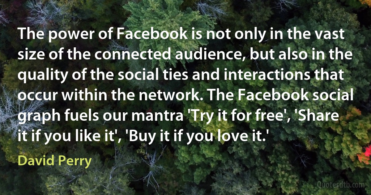 The power of Facebook is not only in the vast size of the connected audience, but also in the quality of the social ties and interactions that occur within the network. The Facebook social graph fuels our mantra 'Try it for free', 'Share it if you like it', 'Buy it if you love it.' (David Perry)