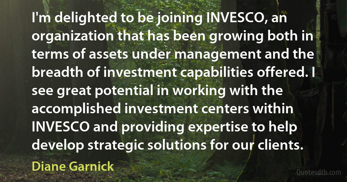 I'm delighted to be joining INVESCO, an organization that has been growing both in terms of assets under management and the breadth of investment capabilities offered. I see great potential in working with the accomplished investment centers within INVESCO and providing expertise to help develop strategic solutions for our clients. (Diane Garnick)