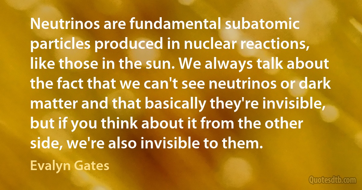 Neutrinos are fundamental subatomic particles produced in nuclear reactions, like those in the sun. We always talk about the fact that we can't see neutrinos or dark matter and that basically they're invisible, but if you think about it from the other side, we're also invisible to them. (Evalyn Gates)