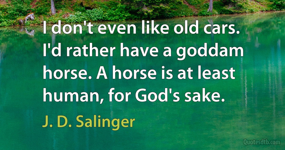 I don't even like old cars. I'd rather have a goddam horse. A horse is at least human, for God's sake. (J. D. Salinger)