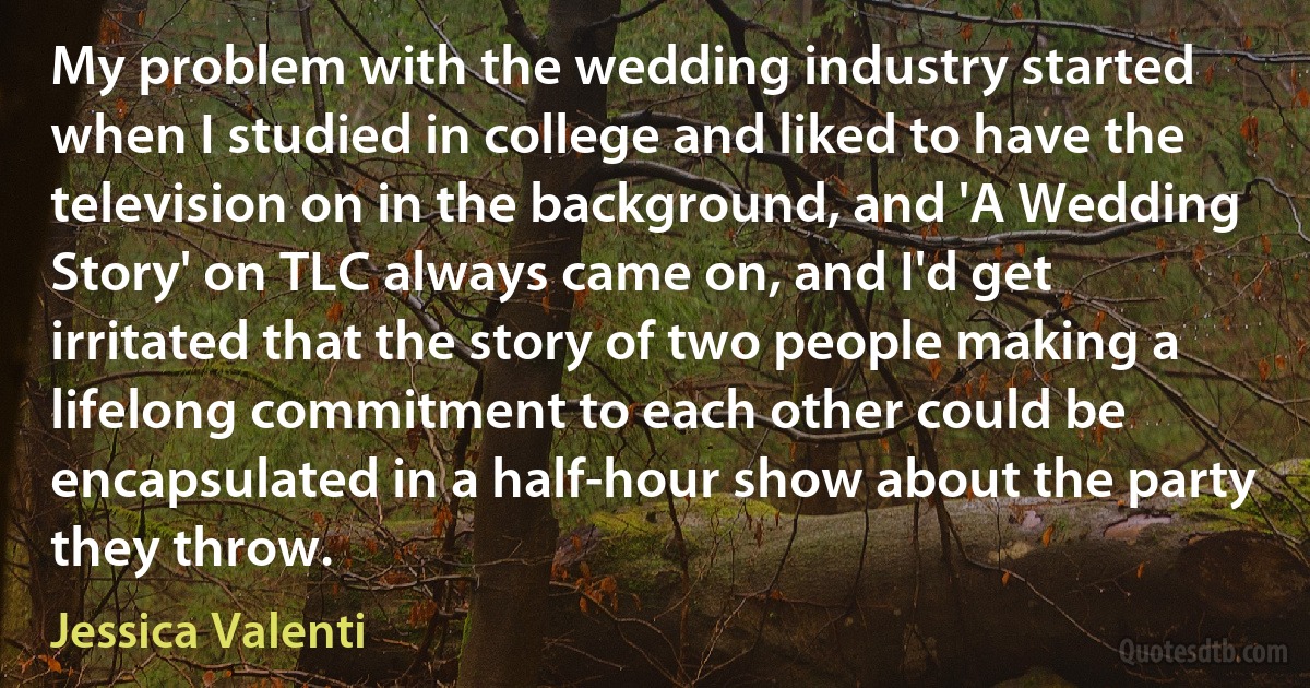 My problem with the wedding industry started when I studied in college and liked to have the television on in the background, and 'A Wedding Story' on TLC always came on, and I'd get irritated that the story of two people making a lifelong commitment to each other could be encapsulated in a half-hour show about the party they throw. (Jessica Valenti)