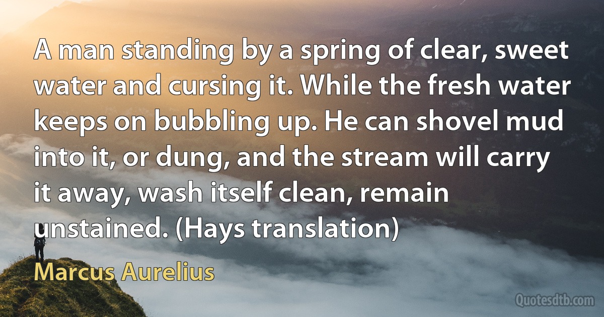 A man standing by a spring of clear, sweet water and cursing it. While the fresh water keeps on bubbling up. He can shovel mud into it, or dung, and the stream will carry it away, wash itself clean, remain unstained. (Hays translation) (Marcus Aurelius)