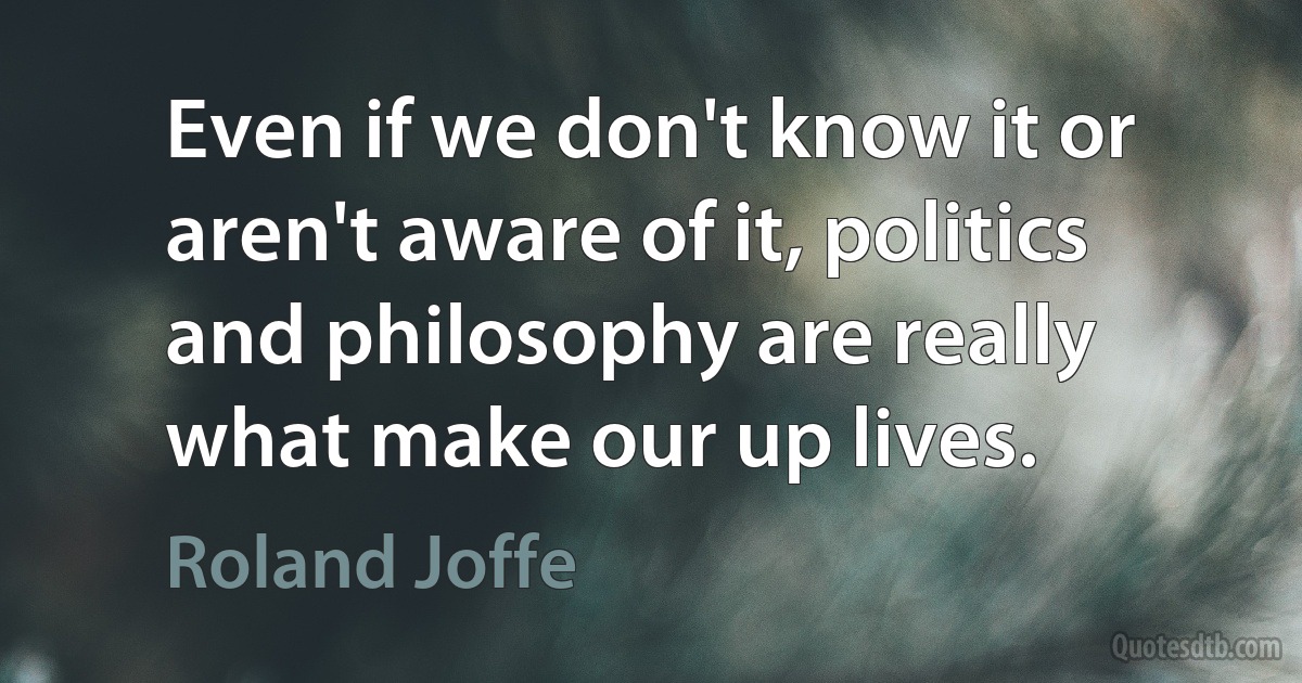 Even if we don't know it or aren't aware of it, politics and philosophy are really what make our up lives. (Roland Joffe)