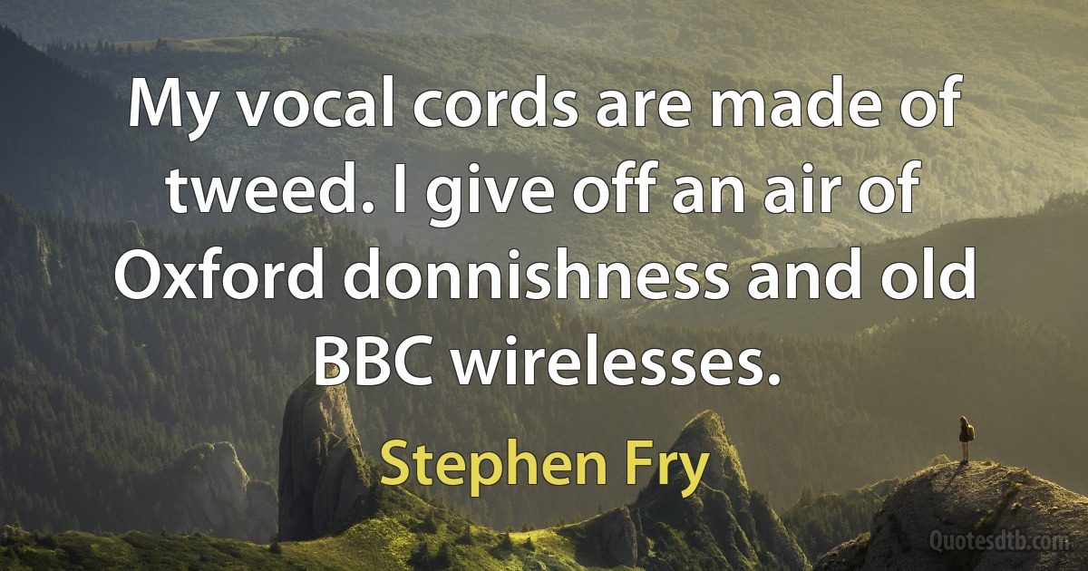 My vocal cords are made of tweed. I give off an air of Oxford donnishness and old BBC wirelesses. (Stephen Fry)