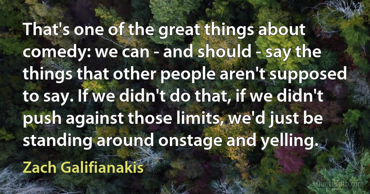 That's one of the great things about comedy: we can - and should - say the things that other people aren't supposed to say. If we didn't do that, if we didn't push against those limits, we'd just be standing around onstage and yelling. (Zach Galifianakis)