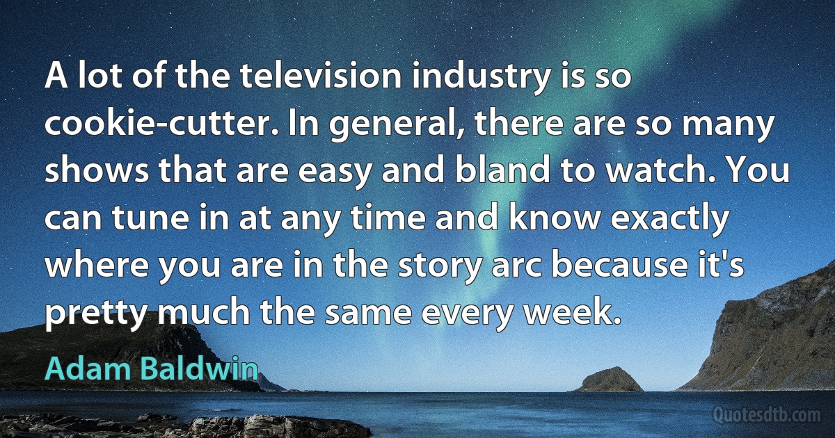 A lot of the television industry is so cookie-cutter. In general, there are so many shows that are easy and bland to watch. You can tune in at any time and know exactly where you are in the story arc because it's pretty much the same every week. (Adam Baldwin)