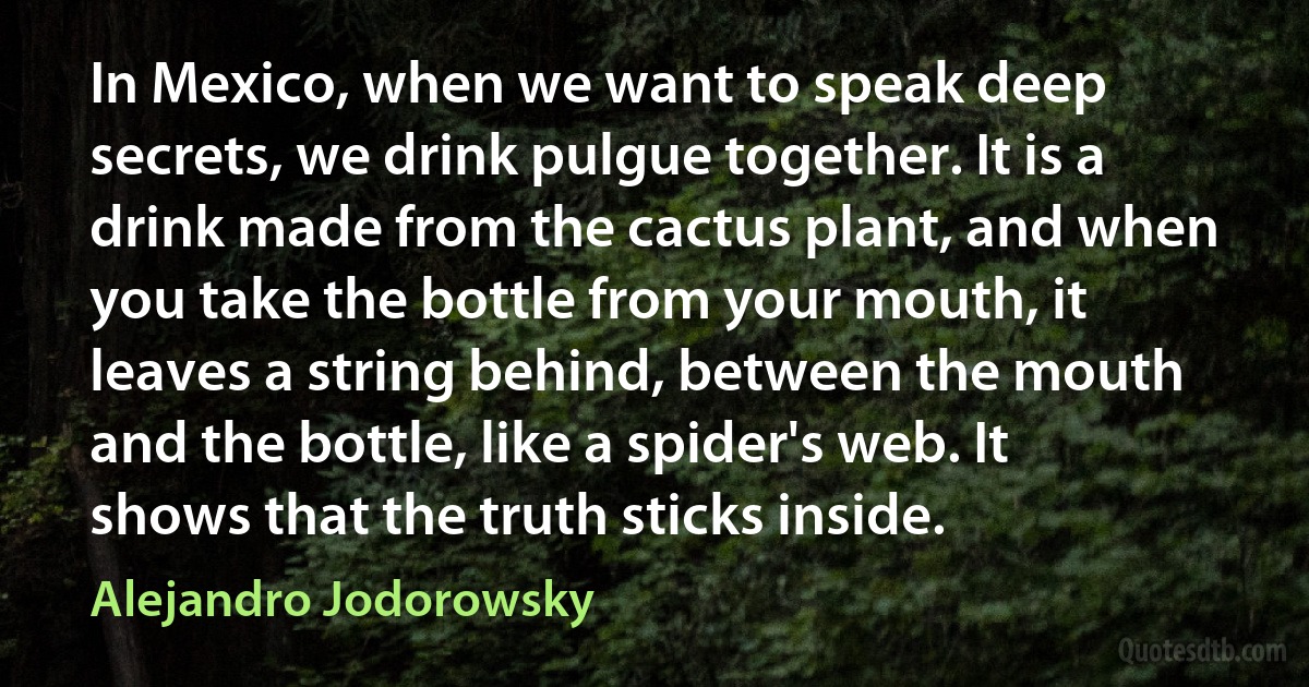 In Mexico, when we want to speak deep secrets, we drink pulgue together. It is a drink made from the cactus plant, and when you take the bottle from your mouth, it leaves a string behind, between the mouth and the bottle, like a spider's web. It shows that the truth sticks inside. (Alejandro Jodorowsky)