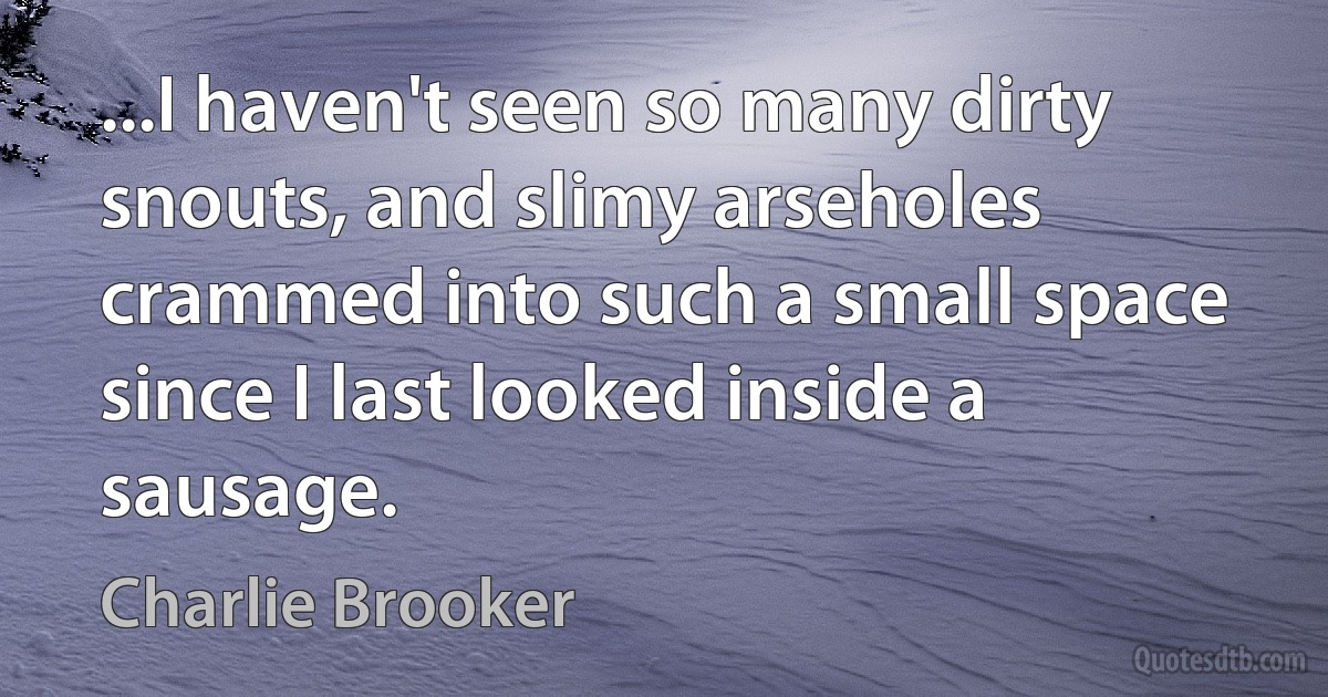 ...I haven't seen so many dirty snouts, and slimy arseholes crammed into such a small space since I last looked inside a sausage. (Charlie Brooker)