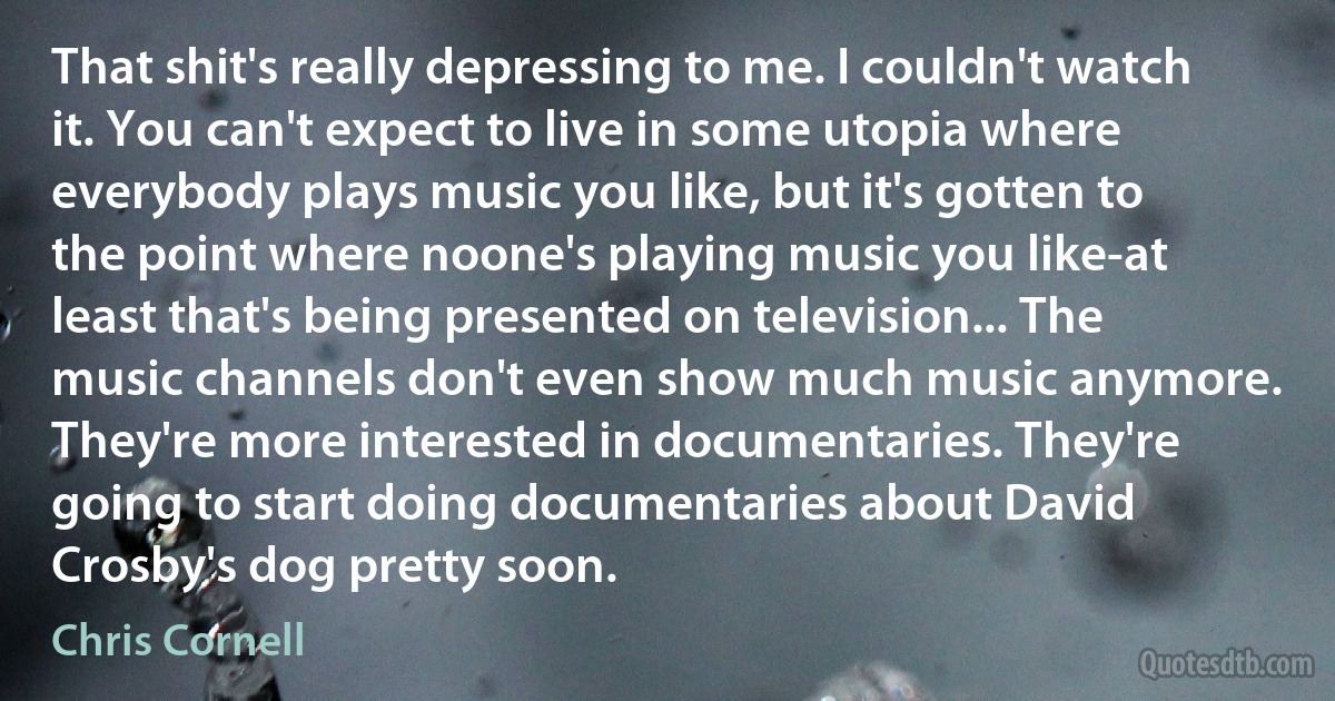 That shit's really depressing to me. I couldn't watch it. You can't expect to live in some utopia where everybody plays music you like, but it's gotten to the point where noone's playing music you like-at least that's being presented on television... The music channels don't even show much music anymore. They're more interested in documentaries. They're going to start doing documentaries about David Crosby's dog pretty soon. (Chris Cornell)