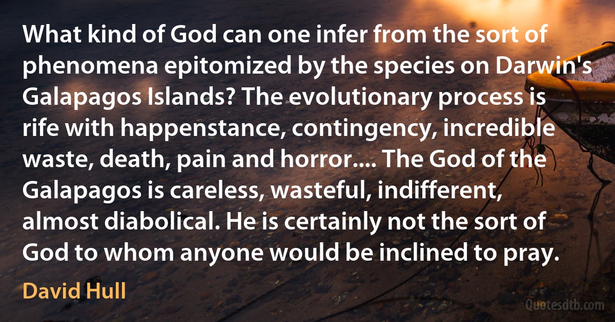 What kind of God can one infer from the sort of phenomena epitomized by the species on Darwin's Galapagos Islands? The evolutionary process is rife with happenstance, contingency, incredible waste, death, pain and horror.... The God of the Galapagos is careless, wasteful, indifferent, almost diabolical. He is certainly not the sort of God to whom anyone would be inclined to pray. (David Hull)