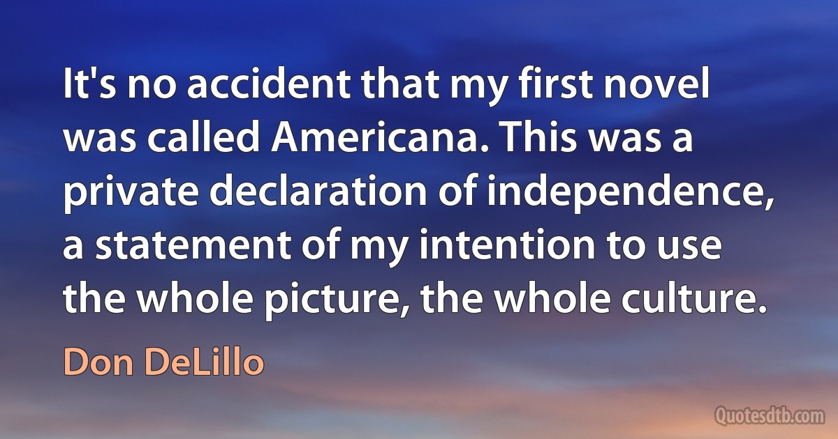 It's no accident that my first novel was called Americana. This was a private declaration of independence, a statement of my intention to use the whole picture, the whole culture. (Don DeLillo)