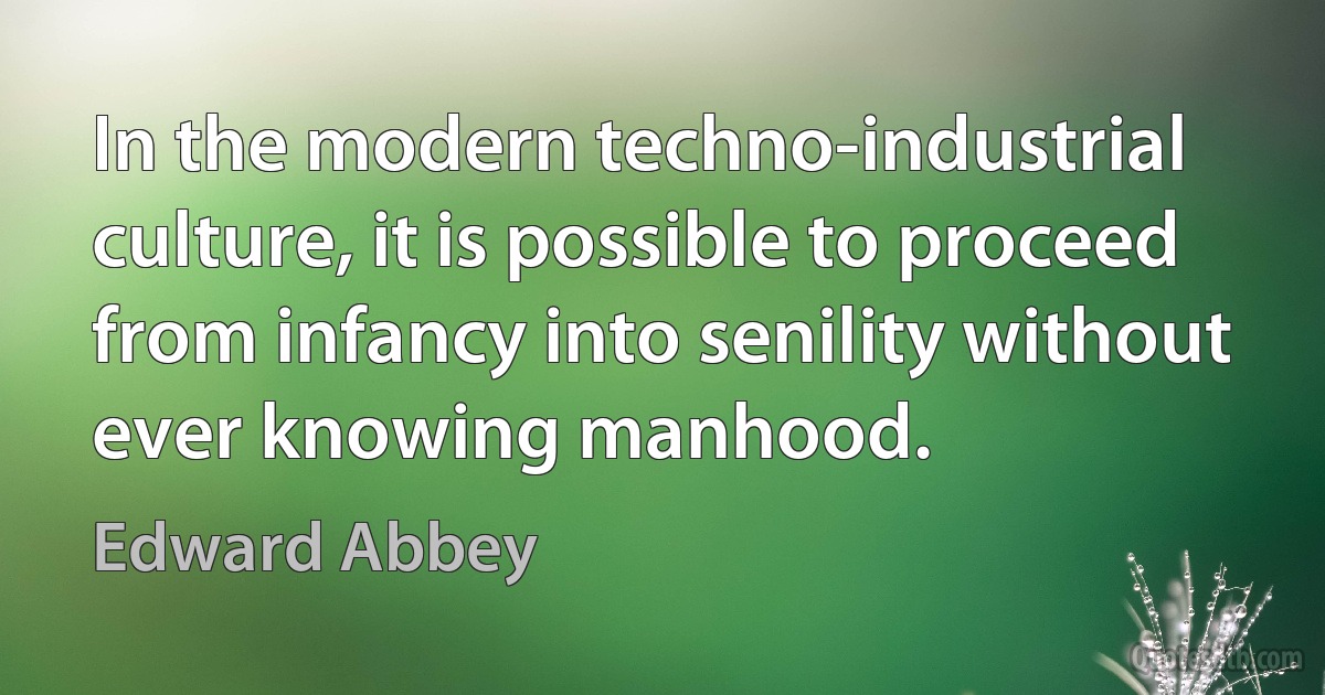 In the modern techno-industrial culture, it is possible to proceed from infancy into senility without ever knowing manhood. (Edward Abbey)