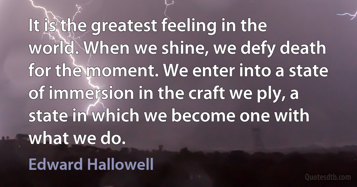 It is the greatest feeling in the world. When we shine, we defy death for the moment. We enter into a state of immersion in the craft we ply, a state in which we become one with what we do. (Edward Hallowell)