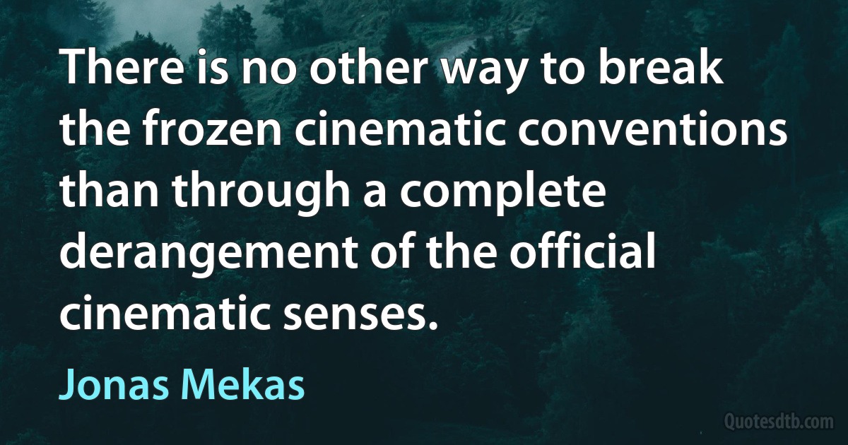 There is no other way to break the frozen cinematic conventions than through a complete derangement of the official cinematic senses. (Jonas Mekas)