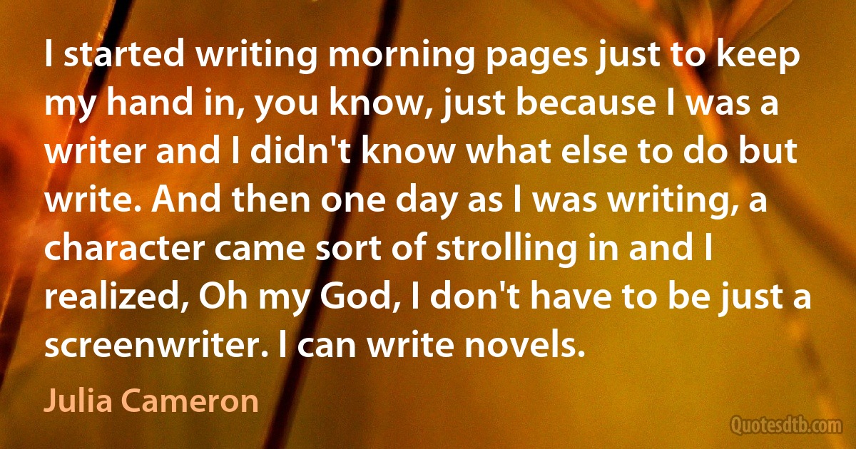 I started writing morning pages just to keep my hand in, you know, just because I was a writer and I didn't know what else to do but write. And then one day as I was writing, a character came sort of strolling in and I realized, Oh my God, I don't have to be just a screenwriter. I can write novels. (Julia Cameron)