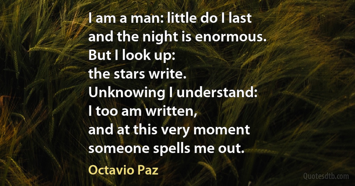 I am a man: little do I last
and the night is enormous.
But I look up:
the stars write.
Unknowing I understand:
I too am written,
and at this very moment
someone spells me out. (Octavio Paz)