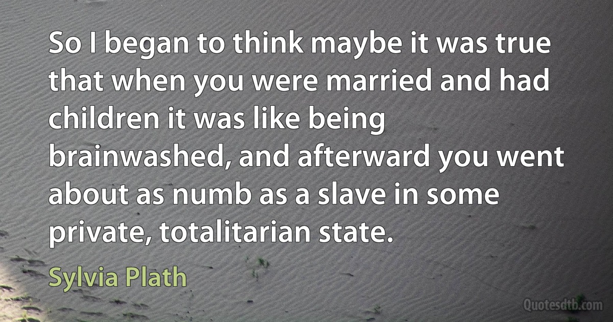 So I began to think maybe it was true that when you were married and had children it was like being brainwashed, and afterward you went about as numb as a slave in some private, totalitarian state. (Sylvia Plath)