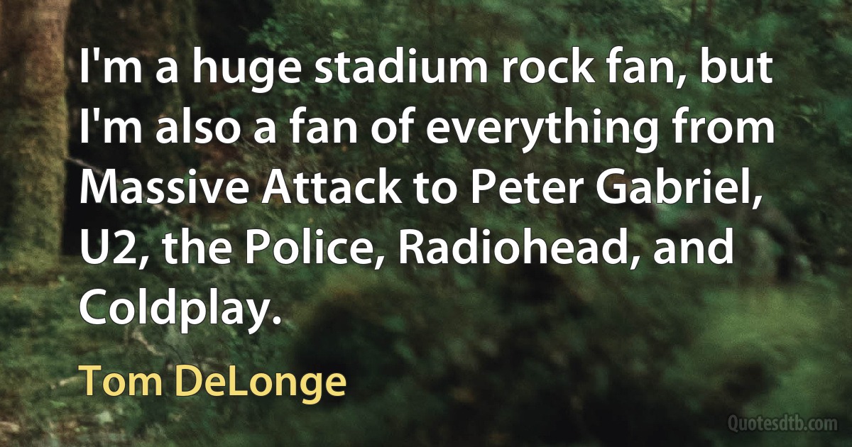 I'm a huge stadium rock fan, but I'm also a fan of everything from Massive Attack to Peter Gabriel, U2, the Police, Radiohead, and Coldplay. (Tom DeLonge)