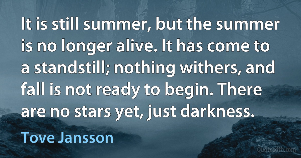 It is still summer, but the summer is no longer alive. It has come to a standstill; nothing withers, and fall is not ready to begin. There are no stars yet, just darkness. (Tove Jansson)