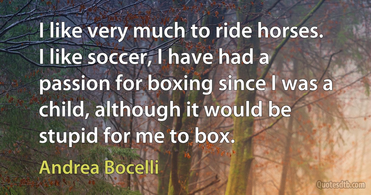 I like very much to ride horses. I like soccer, I have had a passion for boxing since I was a child, although it would be stupid for me to box. (Andrea Bocelli)