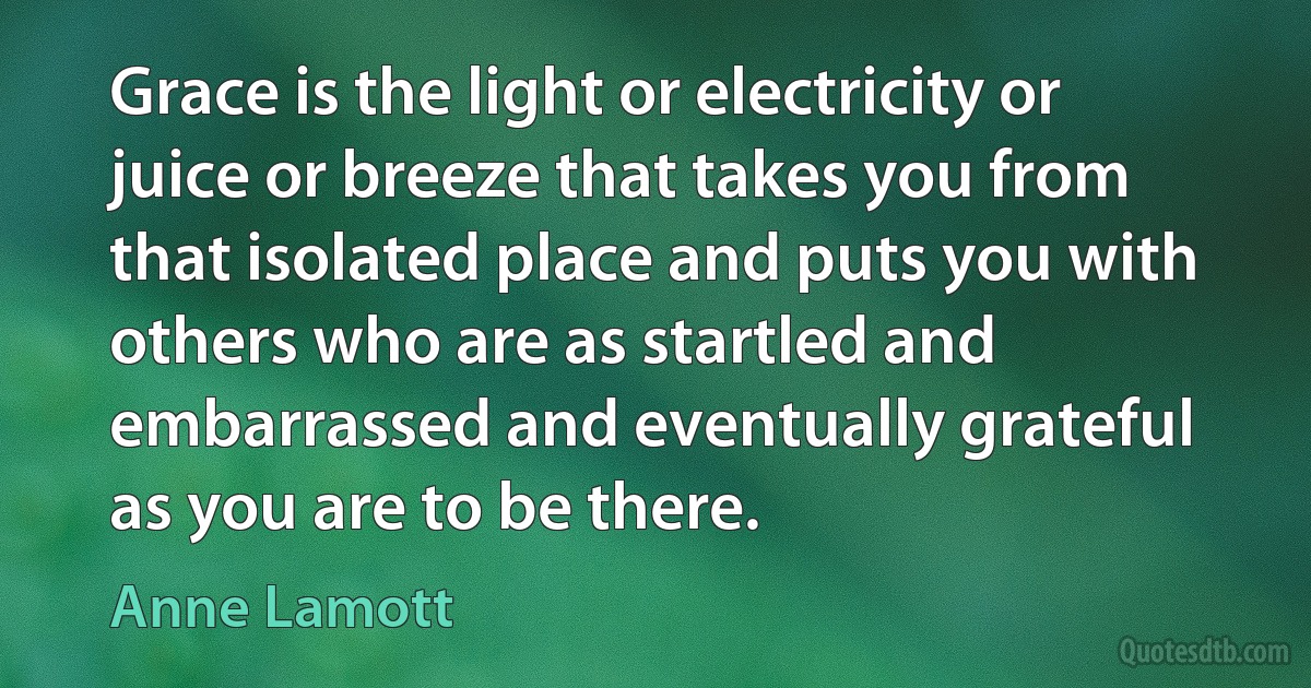 Grace is the light or electricity or juice or breeze that takes you from that isolated place and puts you with others who are as startled and embarrassed and eventually grateful as you are to be there. (Anne Lamott)