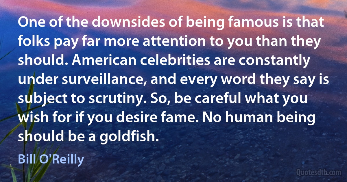 One of the downsides of being famous is that folks pay far more attention to you than they should. American celebrities are constantly under surveillance, and every word they say is subject to scrutiny. So, be careful what you wish for if you desire fame. No human being should be a goldfish. (Bill O'Reilly)