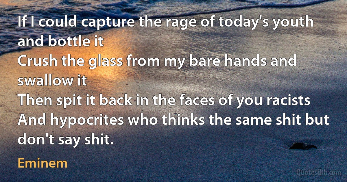 If I could capture the rage of today's youth and bottle it
Crush the glass from my bare hands and swallow it
Then spit it back in the faces of you racists
And hypocrites who thinks the same shit but don't say shit. (Eminem)