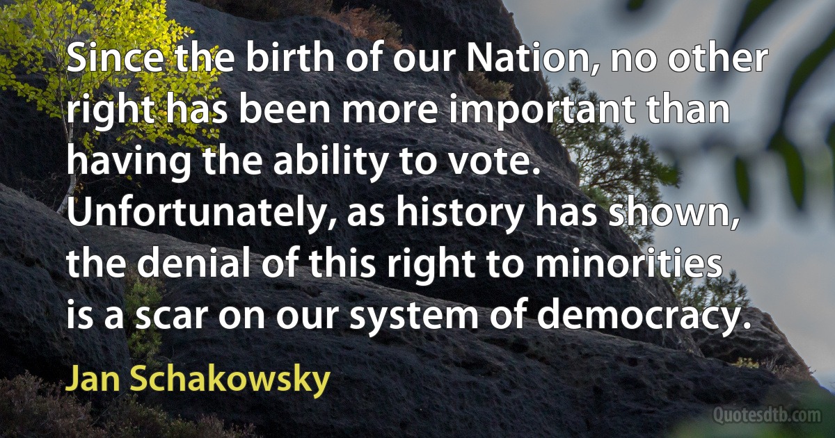 Since the birth of our Nation, no other right has been more important than having the ability to vote. Unfortunately, as history has shown, the denial of this right to minorities is a scar on our system of democracy. (Jan Schakowsky)