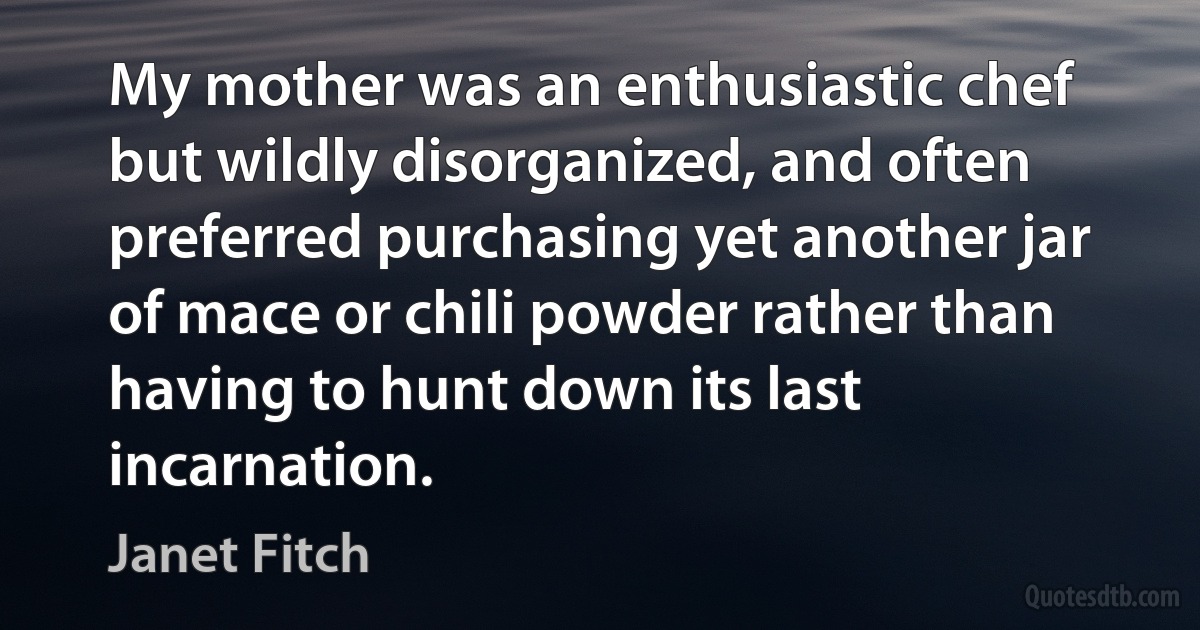 My mother was an enthusiastic chef but wildly disorganized, and often preferred purchasing yet another jar of mace or chili powder rather than having to hunt down its last incarnation. (Janet Fitch)