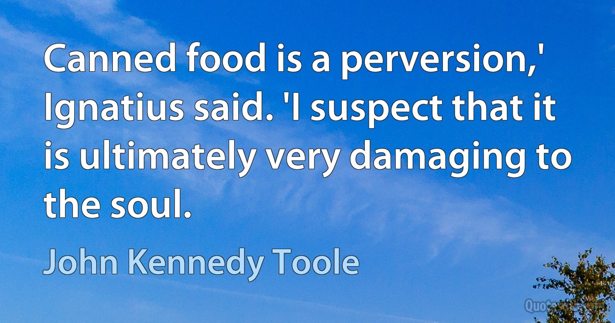 Canned food is a perversion,' Ignatius said. 'I suspect that it is ultimately very damaging to the soul. (John Kennedy Toole)