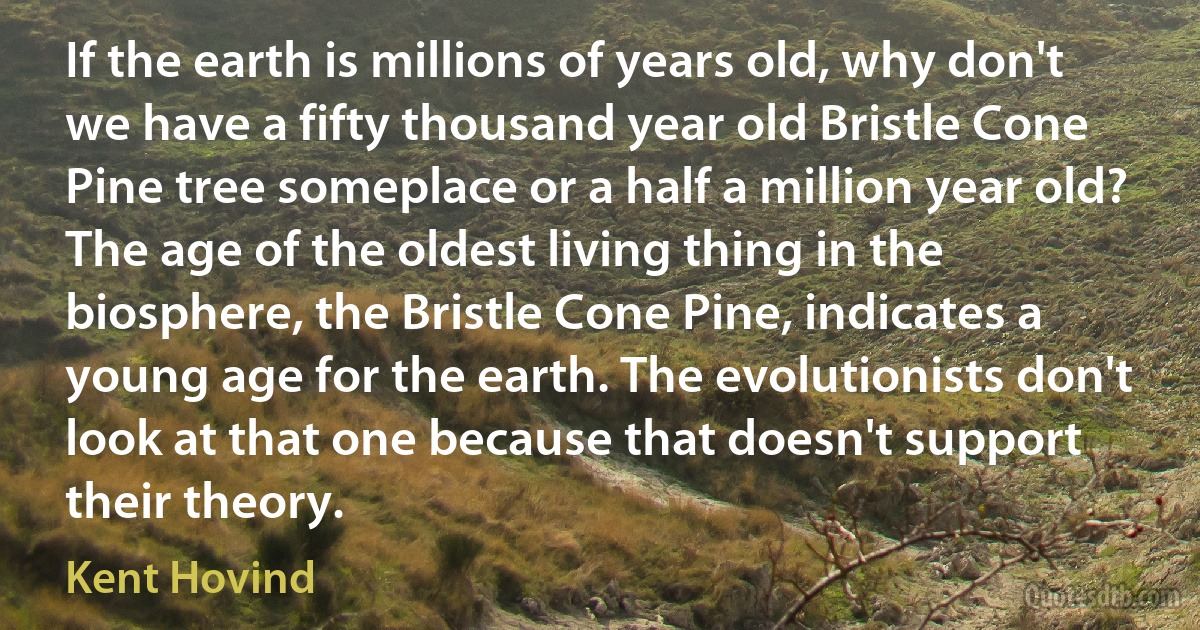 If the earth is millions of years old, why don't we have a fifty thousand year old Bristle Cone Pine tree someplace or a half a million year old? The age of the oldest living thing in the biosphere, the Bristle Cone Pine, indicates a young age for the earth. The evolutionists don't look at that one because that doesn't support their theory. (Kent Hovind)