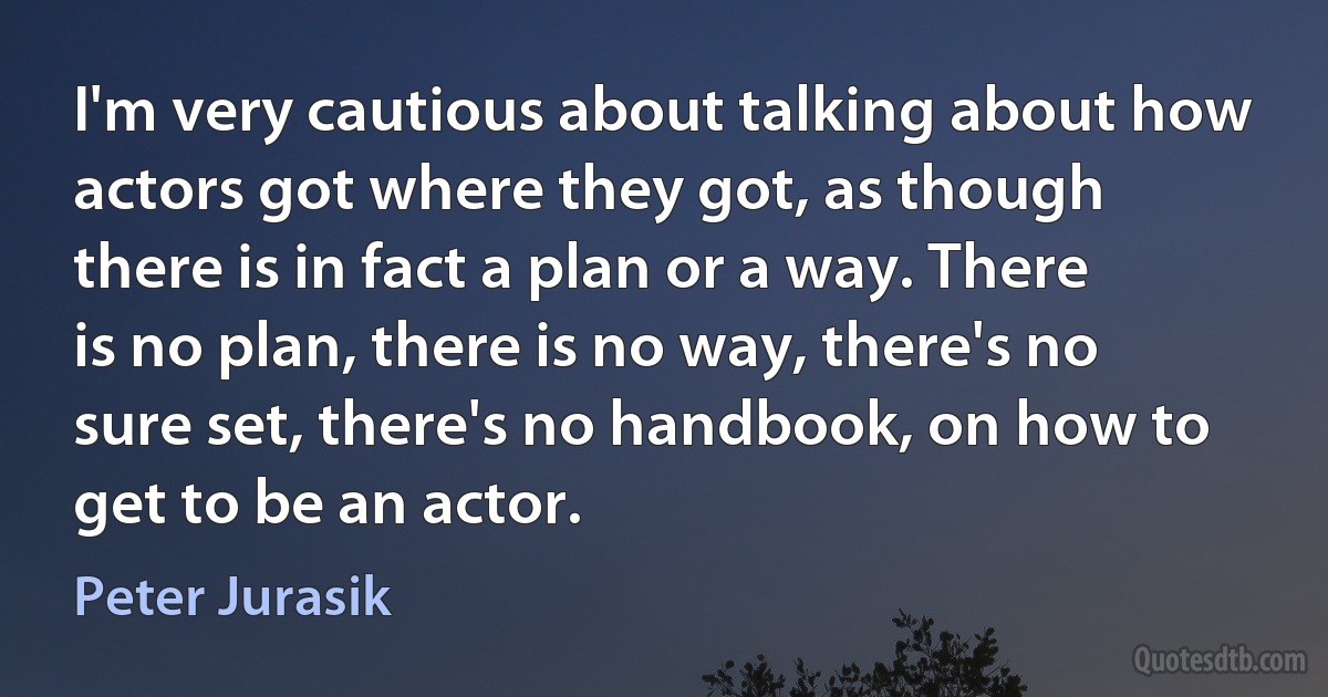 I'm very cautious about talking about how actors got where they got, as though there is in fact a plan or a way. There is no plan, there is no way, there's no sure set, there's no handbook, on how to get to be an actor. (Peter Jurasik)