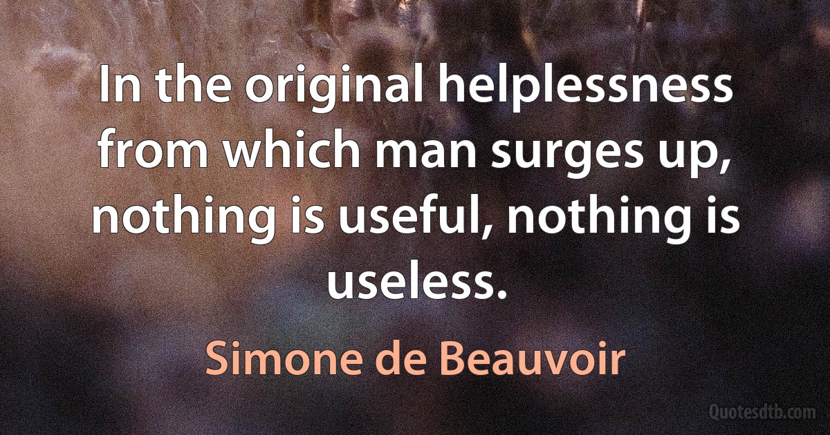 In the original helplessness from which man surges up, nothing is useful, nothing is useless. (Simone de Beauvoir)