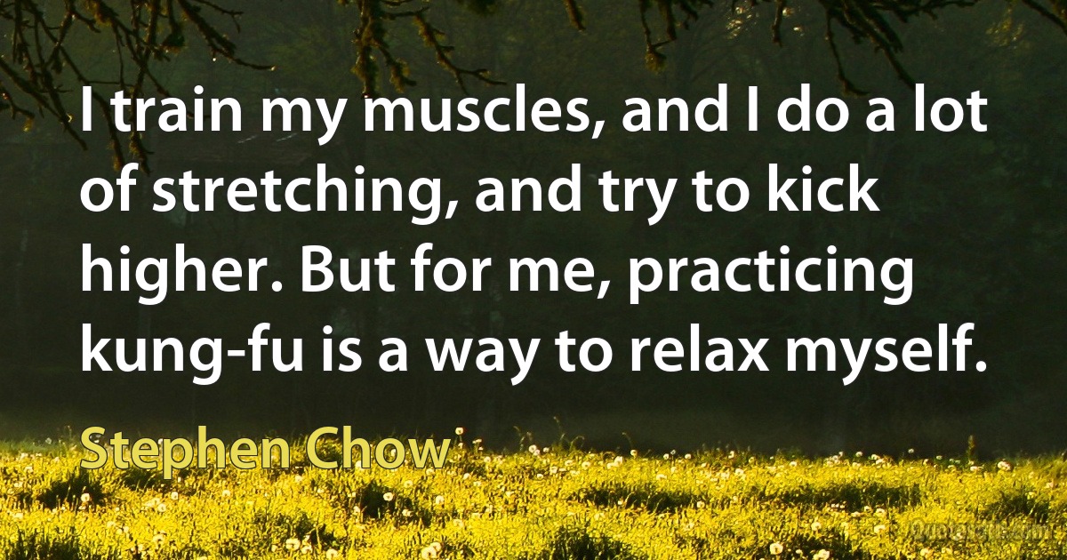 I train my muscles, and I do a lot of stretching, and try to kick higher. But for me, practicing kung-fu is a way to relax myself. (Stephen Chow)