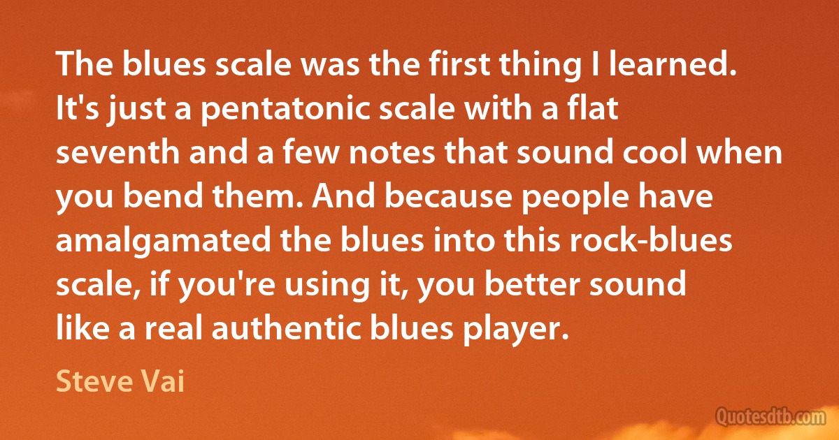 The blues scale was the first thing I learned. It's just a pentatonic scale with a flat seventh and a few notes that sound cool when you bend them. And because people have amalgamated the blues into this rock-blues scale, if you're using it, you better sound like a real authentic blues player. (Steve Vai)