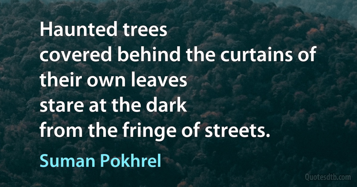 Haunted trees
covered behind the curtains of their own leaves
stare at the dark
from the fringe of streets. (Suman Pokhrel)