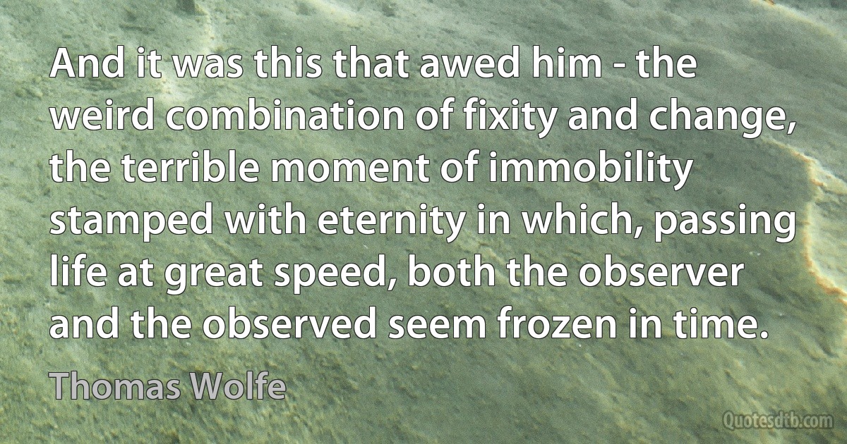 And it was this that awed him - the weird combination of fixity and change, the terrible moment of immobility stamped with eternity in which, passing life at great speed, both the observer and the observed seem frozen in time. (Thomas Wolfe)