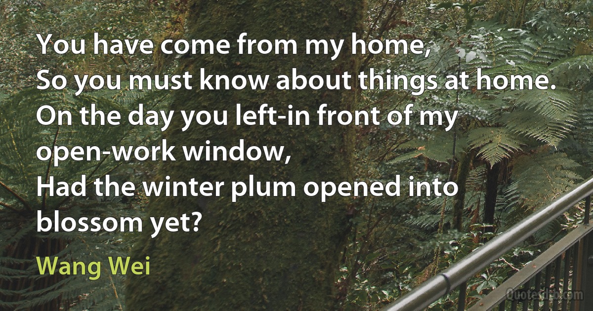 You have come from my home,
So you must know about things at home.
On the day you left-in front of my open-work window,
Had the winter plum opened into blossom yet? (Wang Wei)