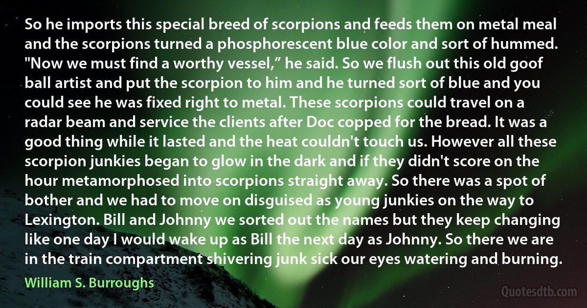 So he imports this special breed of scorpions and feeds them on metal meal and the scorpions turned a phosphorescent blue color and sort of hummed. "Now we must find a worthy vessel,” he said. So we flush out this old goof ball artist and put the scorpion to him and he turned sort of blue and you could see he was fixed right to metal. These scorpions could travel on a radar beam and service the clients after Doc copped for the bread. It was a good thing while it lasted and the heat couldn't touch us. However all these scorpion junkies began to glow in the dark and if they didn't score on the hour metamorphosed into scorpions straight away. So there was a spot of bother and we had to move on disguised as young junkies on the way to Lexington. Bill and Johnny we sorted out the names but they keep changing like one day I would wake up as Bill the next day as Johnny. So there we are in the train compartment shivering junk sick our eyes watering and burning. (William S. Burroughs)