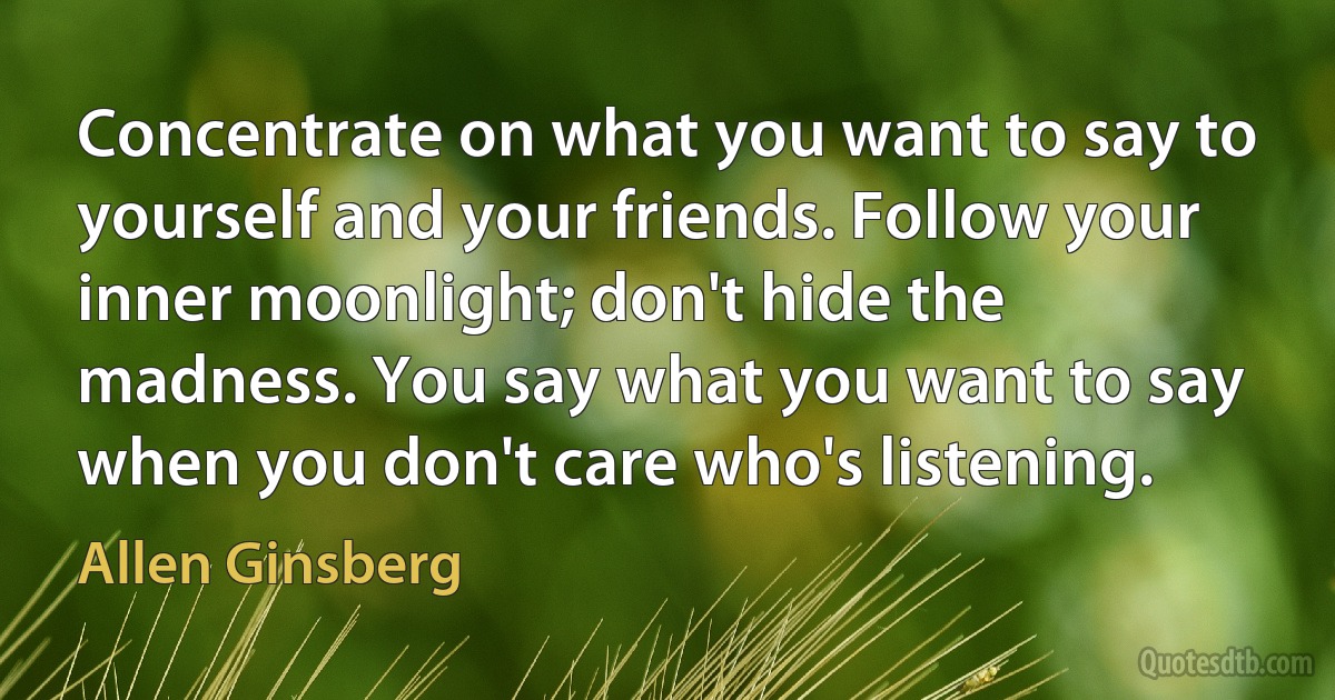 Concentrate on what you want to say to yourself and your friends. Follow your inner moonlight; don't hide the madness. You say what you want to say when you don't care who's listening. (Allen Ginsberg)