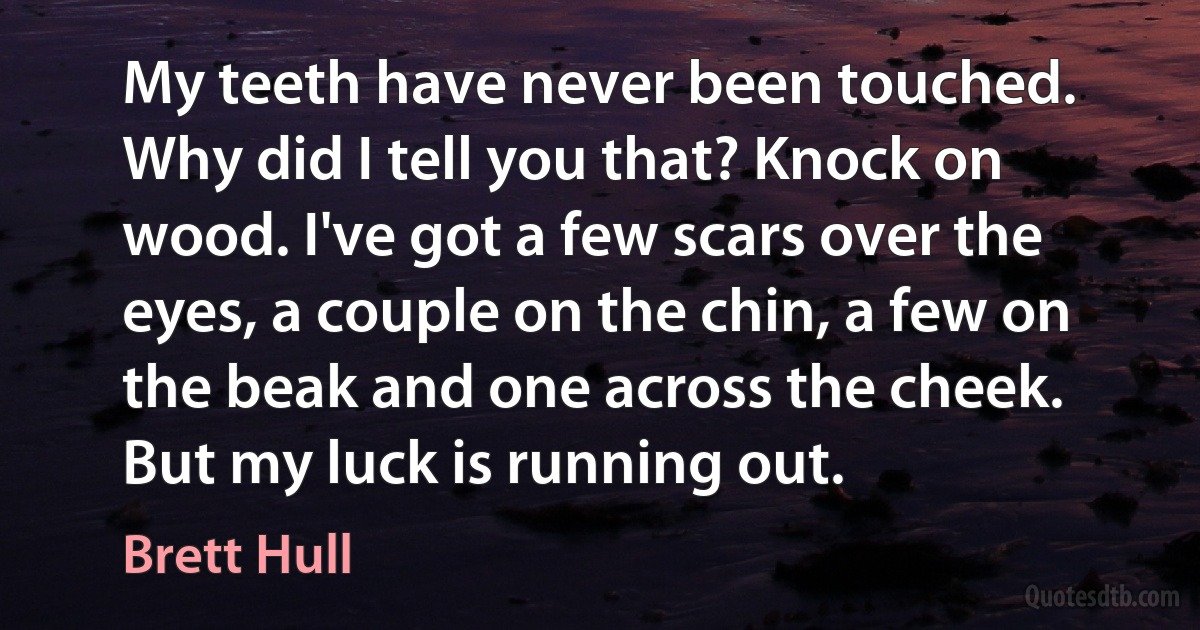 My teeth have never been touched. Why did I tell you that? Knock on wood. I've got a few scars over the eyes, a couple on the chin, a few on the beak and one across the cheek. But my luck is running out. (Brett Hull)