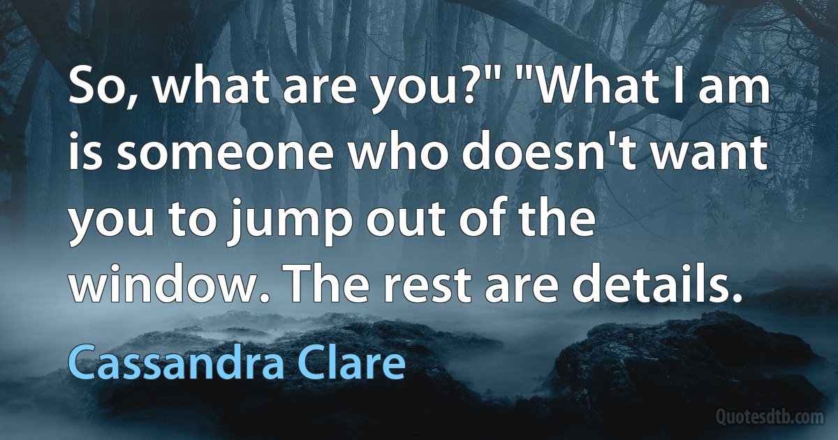 So, what are you?" "What I am is someone who doesn't want you to jump out of the window. The rest are details. (Cassandra Clare)