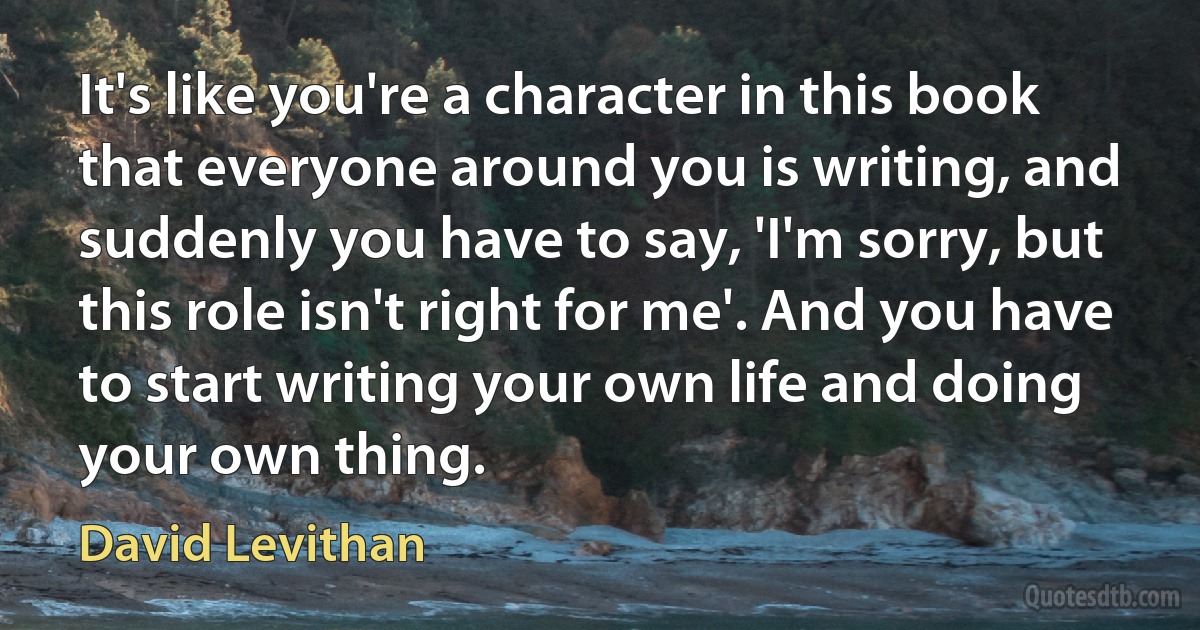 It's like you're a character in this book that everyone around you is writing, and suddenly you have to say, 'I'm sorry, but this role isn't right for me'. And you have to start writing your own life and doing your own thing. (David Levithan)