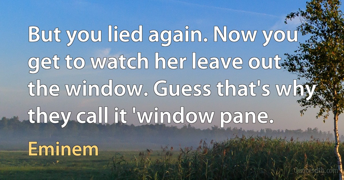 But you lied again. Now you get to watch her leave out the window. Guess that's why they call it 'window pane. (Eminem)