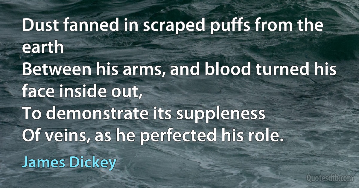 Dust fanned in scraped puffs from the earth
Between his arms, and blood turned his face inside out,
To demonstrate its suppleness
Of veins, as he perfected his role. (James Dickey)