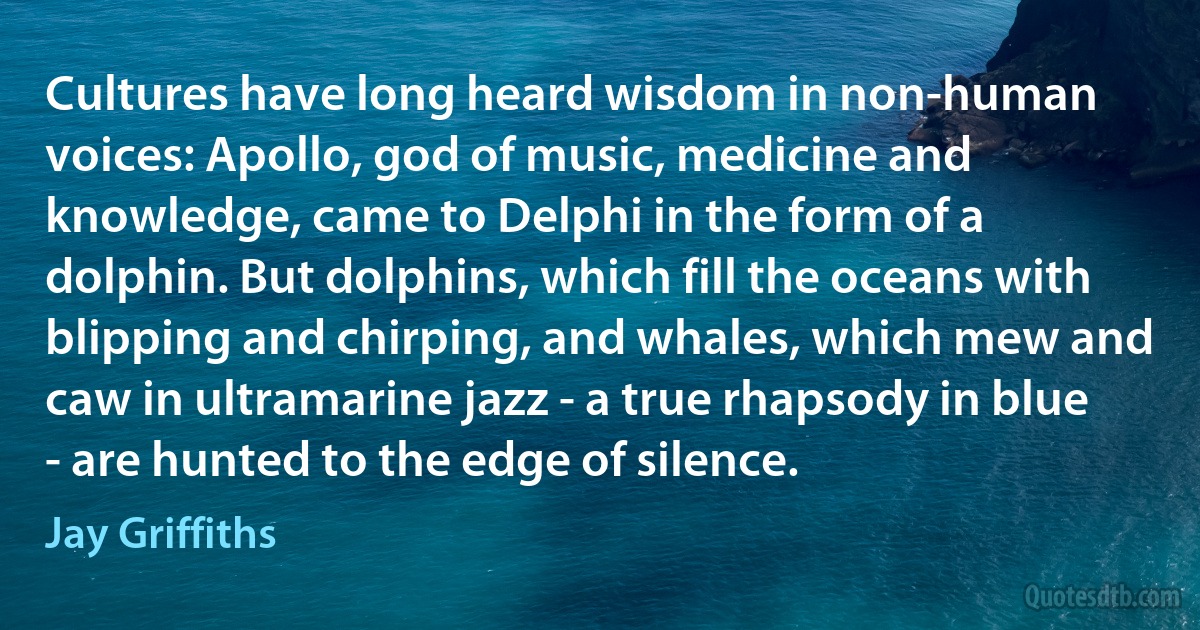 Cultures have long heard wisdom in non-human voices: Apollo, god of music, medicine and knowledge, came to Delphi in the form of a dolphin. But dolphins, which fill the oceans with blipping and chirping, and whales, which mew and caw in ultramarine jazz - a true rhapsody in blue - are hunted to the edge of silence. (Jay Griffiths)